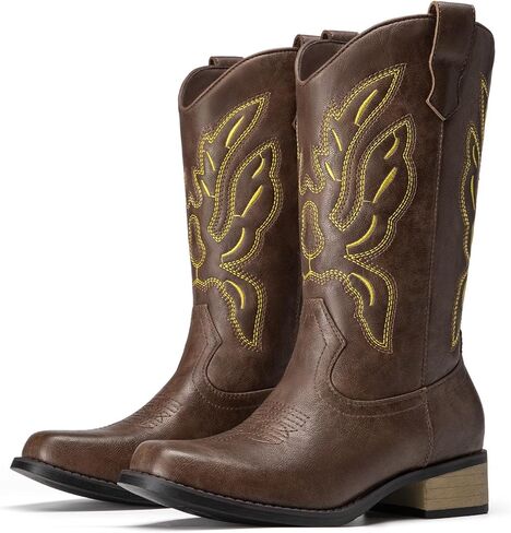 Cowboy Cowgirl Boots for Women Mid Calf Square Toe Comfortable Pull On Chunky Heel Embroidery Western Boots in Saudi Arabia