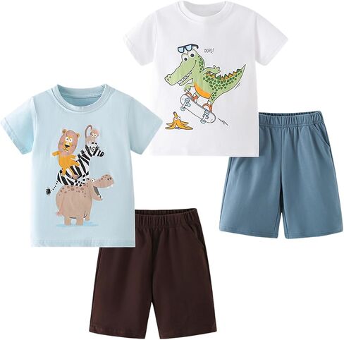 2-6T Toddler Boy Short Sets Boys Summer Dinosaur Outfits Cotton Short Sleeve Tops and Elastic Waist Shorts Matching Set in Saudi Arabia