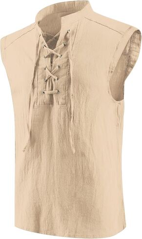 قمصان رجالي بدون أكمام بصدرية قرصان، أزياء الفايكنج القوطية، قمصان بدون أكمام لعصر النهضة القرون الوسطى، ملابس قطنية لمصاصي الدماء (بيج، M) in Kuwait