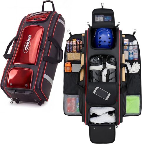 Fanwoli 100L Waterproof Rolling Catchers Gear Bag for Baseball Softball, Icon Shield Edition, Fits Full Set & 8 Bats, All-Terrain Wheels, Stand-Up Base, Vented Shoe Zone, Reflective Strip, Fence Hooks in Saudi Arabia