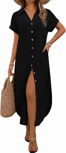 Yousify Womens Summer Swimsuit Cover Ups Short Sleeve Button Down Shirts Casual Side Slit Lapel Long Coverups Beach Outfits in Saudi Arabia