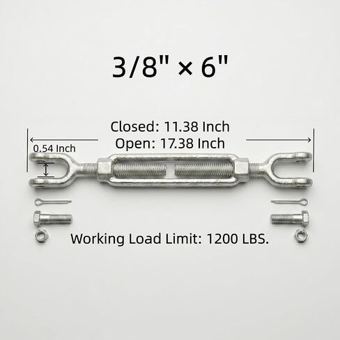 HomelyNest Heavy Duty Turnbuckle Tensioner, 2200 lbs Working Load Limit, Weather Resistant Hot Dipped Galvanized Steel, Jaw and Jaw Turnbuckles for Cables Wire, Carbon Steel (3/8 * 6) in Saudi Arabia