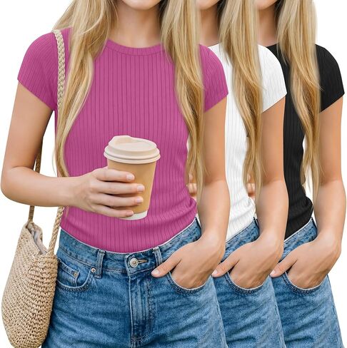 3 Pack Girl's Cap Sleeve Tops Ribbed Crew Neck T-Shirt Fitted Short Sleeve Shirts Kids Summer Casual Basic Tees in Saudi Arabia