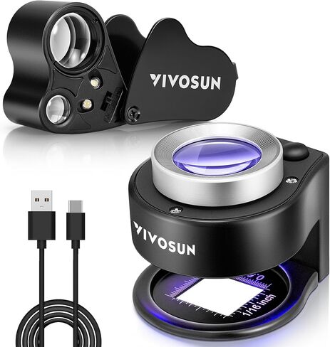 VIVOSUN 2-Pack Jewelry Loupe, 30X and 60X Foldable Magnifier UV/LED Lights, Desktop Loupe with LED & UV Lights for Jewelry, Gems, Watches, Coins, and Stamps, Black in Saudi Arabia
