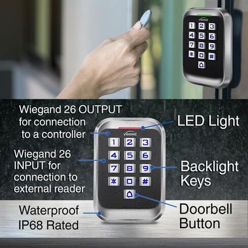 Visionis FPC-5684 VIS-3004 Access Control Indoor + Outdoor Rated IP68 Metal Keypad + Reader Standalone + Wiegand 26, No Software, EM Cards, 1000 Users + Pack of 10 Key Fobs in Saudi Arabia