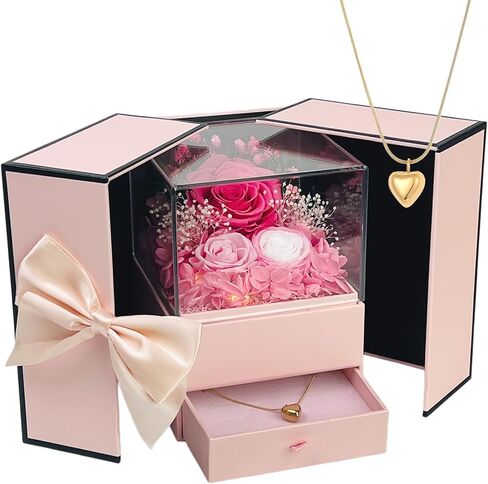 Preserved Flowers in A Gift Box with Bow - Forever Yellow Roses with Gold Heart Necklace for Her - Valentines Day Mother's Day Birthday Anniversary for Women Wife Mom Grandma (Yellow) in Saudi Arabia