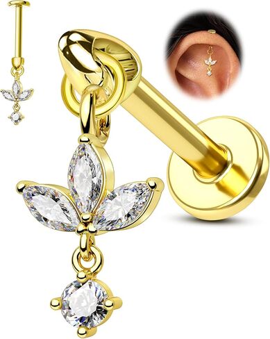 cocharm 16g زهرة الغضروف القرط العمودي الحلزون ثقب المجوهرات، شقة الظهر ثقب مسمار للغضروف، تصميم استرخى، الذهب والفضة لهجة الفص اللولب القرط مسمار in Kuwait