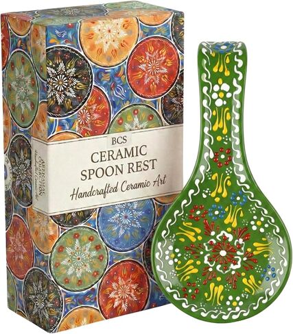 BCS Spoon Rest Set of 2 - Ceramic Spoon Holder for Stovetop & Kitchen Counter - Dishwasher Safe Handmade Kitchen Utensil (Green-Orange 4.5" W x 9" L) in Saudi Arabia
