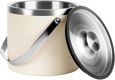 3L beige white Double Wall Insulated Stainless Steel Ice Bucket with scoop for Cocktail Bar,Metal Ice Bucket for freezer with Lid for parties.ice Container to Keep Ice Colder,bar cart accessories in Saudi Arabia