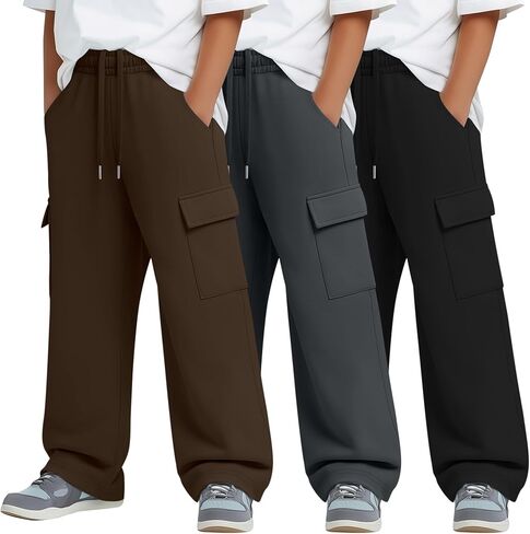 3 Pack Boys' Cargo Sweatpants Wide Leg Baggy Casual Pants Elastic Waist Open Bottom Workout Joggers with Pockets in Saudi Arabia