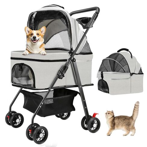 Pet Stroller for Small Dogs and Cats with 4 Wheels, Foldable Portable Dog Stroller with Detachable Carrier, Sun Shades, Storage Basket & Cup Holder, Up to 33 lbs in Saudi Arabia