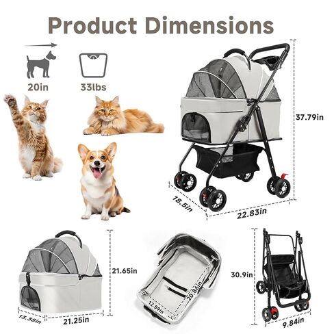 Pet Stroller for Small Dogs and Cats with 4 Wheels, Foldable Portable Dog Stroller with Detachable Carrier, Sun Shades, Storage Basket & Cup Holder, Up to 33 lbs in Saudi Arabia