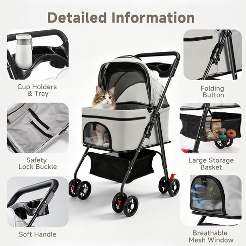 Pet Stroller for Small Dogs and Cats with 4 Wheels, Foldable Portable Dog Stroller with Detachable Carrier, Sun Shades, Storage Basket & Cup Holder, Up to 33 lbs in Saudi Arabia