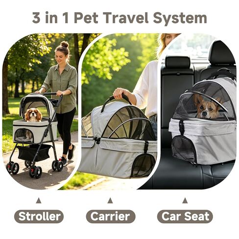 Pet Stroller for Small Dogs and Cats with 4 Wheels, Foldable Portable Dog Stroller with Detachable Carrier, Sun Shades, Storage Basket & Cup Holder, Up to 33 lbs in Saudi Arabia
