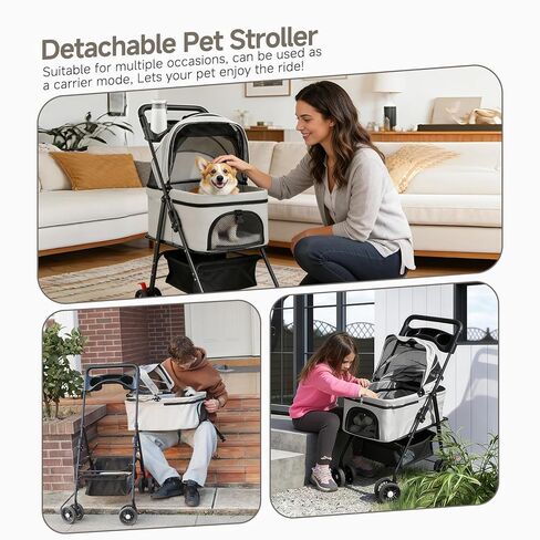 Pet Stroller for Small Dogs and Cats with 4 Wheels, Foldable Portable Dog Stroller with Detachable Carrier, Sun Shades, Storage Basket & Cup Holder, Up to 33 lbs in Saudi Arabia