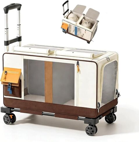 Large Cat Carrier with Wheels for 2 Cat, Double Rolling Pets Carrier on Wheel, Folding Soft-Sided Carriers with Telescopic Handle, Shoulder Strap Removable Soft-Sided Bag for Car, Vet, Outing in Saudi Arabia