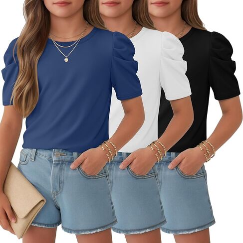 3 Pack Girls Puff Short Sleeve Shirts Kids Cute Summer Tops Crewneck Casual Tees Fashion Solid Blouse 5-14 Years in Saudi Arabia