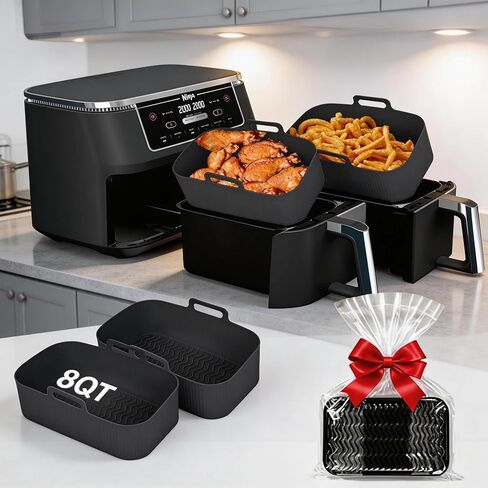 Silicone Air Fryer Liners for Ninja - Reusable DZ201 8QT Dual Basket - Rectangular 2-Pack Vacuum-Packed Easy-Clean Dishwasher-Safe Food-Safe for Home Chefs - Christmas & Housewarming Gifts in Saudi Arabia