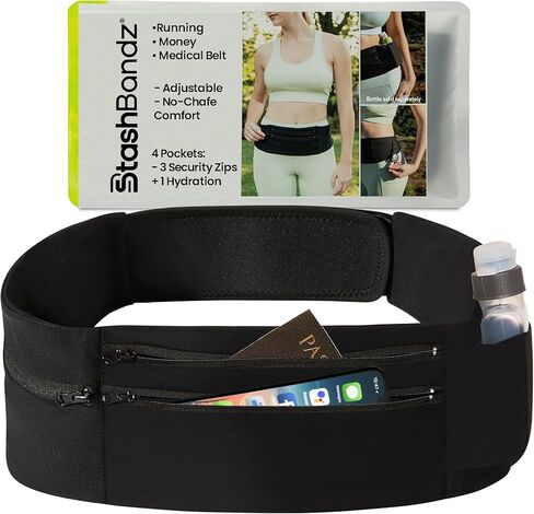 New Adjustable Running Belt Travel Money Belt with 3 Big Zipper Pockets + Water Bottle Pocket, Slim Stay-put Grip Fanny Pack, Fits Any Size Phone, Passport & Lots of Gear with No-bulk. USA Company. in Saudi Arabia