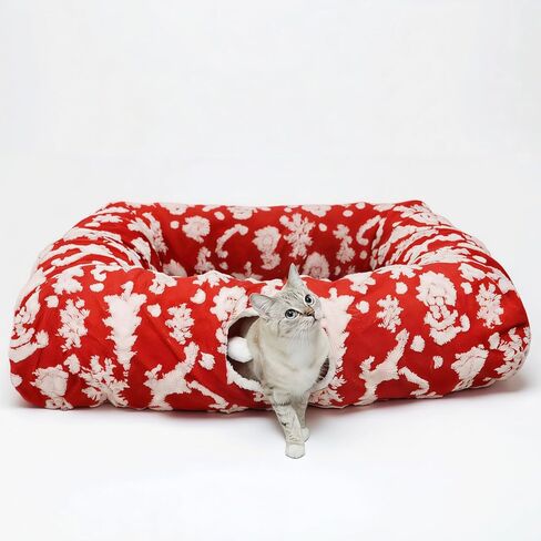 Christmas Cat Tunnel Bed with Warm Mat, Large Square Kitty Toy & Tree Skirt for Xmas Decor White in Saudi Arabia