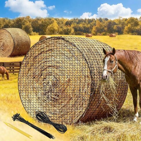 5 * 5 ft Large Round Bale Hay Net for Horses& Goats，Knotless Design Slow Feed Hay Net with 2" Holes,Fits 4x5 and 5x5 Round Bales,Heavy Duty Slow Feeder Nets in Saudi Arabia