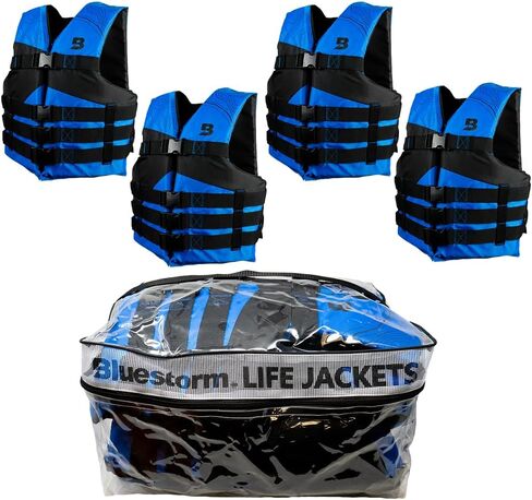 سترة نجاة للقوارب العامة للرياضات المائية ذات 4 إبزيم من Bluestorm® للبالغين | سترة نجاة من الإسفنج العالمي معتمدة من خفر السواحل الأمريكي (USCG) من النوع 3 (PFD)، 4 قطع باللون الأحمر/الأزرق مع حقيبة، عالمية للبالغين in Kuwait