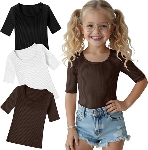 3 Pack Girls Half Sleeve Tops Ribbed Knit Short Sleeve U Neck Shirts 5-14 Years Kids Slim Scoop Neck Basic Tees in Saudi Arabia