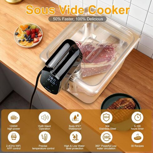 جهاز Sous Vide Cooker 2.4G WIFI، جهاز Sous Vide مع 30 وصفة محددة مسبقًا على التطبيق ووظيفة المعايرة، دائرة غمر فائقة الهدوء بقدرة 1100 وات، درجة حرارة ووقت دقيقين، تسخين سريع مع مؤقت in Saudi Arabia