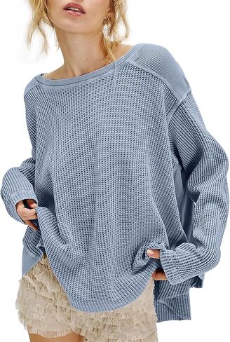 Women's Waffle Knit Sweatshirt Casual Long Sleeve Crew Neck Shirt Tops Oversized Spring Fall Pullover Tops in Saudi Arabia