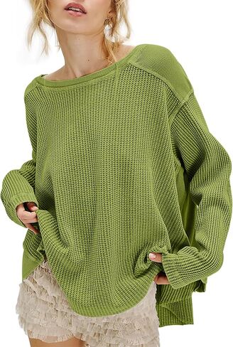 Women's Waffle Knit Sweatshirt Casual Long Sleeve Crew Neck Shirt Tops Oversized Spring Fall Pullover Tops in Saudi Arabia