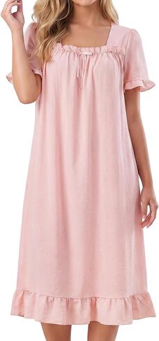 Bloggerlove Nightgown for Women Short Sleeve Lightweight House Dress Ruffle Hem Night Gown Long Lounge Dresses with Pockets in Saudi Arabia