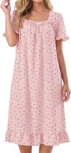 Bloggerlove Nightgown for Women Short Sleeve Lightweight House Dress Ruffle Hem Night Gown Long Lounge Dresses with Pockets in Saudi Arabia