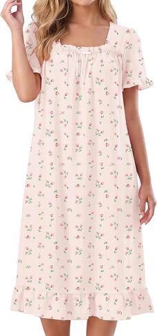 Bloggerlove Nightgown for Women Short Sleeve Lightweight House Dress Ruffle Hem Night Gown Long Lounge Dresses with Pockets in Saudi Arabia