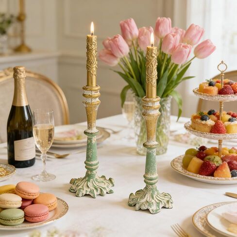 2-Piece Vintage Rose Taper Candle Holders, Distressed Green Metal Candlestick Stands with Pink Floral Design, 12.2" Tall Rustic Farmhouse Tabletop Decor for Wedding, Dining & Home in Saudi Arabia