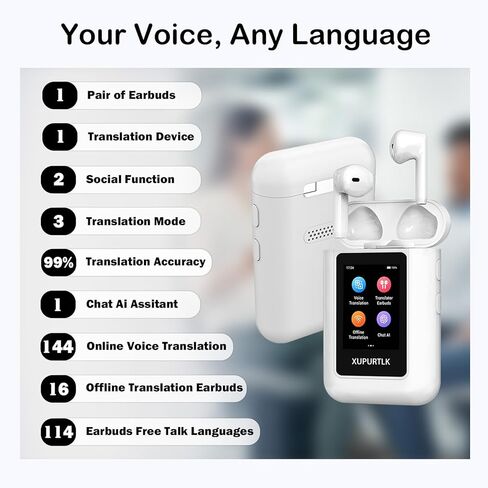 Xupurtlk AI Translation Earbuds Real Time, 120 Offline Packages Audifonos Traductores Inglés Español, Language Translator Earbuds with 74 Online Languages, A8 Translator Device for Travel/Business in Saudi Arabia
