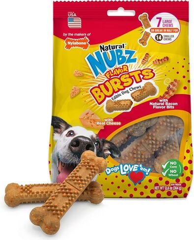 Nylabone Nubz Flavor Bursts Natural Edible Chew Bones for Dogs, Healthy Long Lasting Chews Made in The USA, Grain-Free Dog Treats for Large Dogs, Bacon & Cheese Flavor (20 Count) in Saudi Arabia