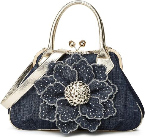 Womens Denim Tote Handbag Large Rhinestone Flower Clutch Crossbody Shoulder Bag Elegant Evening Party Purse in Saudi Arabia