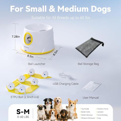 HETOO Automatic Ball Launcher for Dogs: Balls Launcher for Dogs - Automatic Tennis Ball Thrower for Dog, with 6 Balls- Interactive Dog Toys - Small/Medium Sized Launchers- Yellow in Saudi Arabia