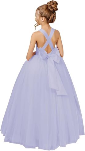 Crossed Straps Flower Girl Dress Satin Long Prom Dress with Bow Puffy Tulle Pageant Dresses for Girls in Saudi Arabia