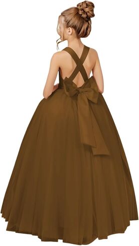 Crossed Straps Flower Girl Dress Satin Long Prom Dress with Bow Puffy Tulle Pageant Dresses for Girls in Saudi Arabia