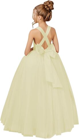 Crossed Straps Flower Girl Dress Satin Long Prom Dress with Bow Puffy Tulle Pageant Dresses for Girls in Saudi Arabia
