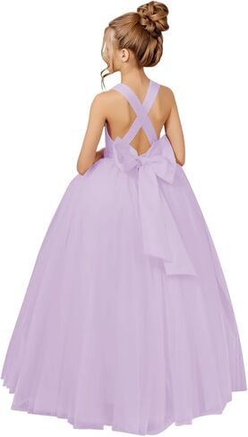 Crossed Straps Flower Girl Dress Satin Long Prom Dress with Bow Puffy Tulle Pageant Dresses for Girls in Saudi Arabia