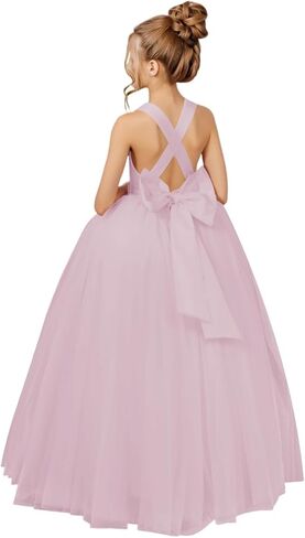 Crossed Straps Flower Girl Dress Satin Long Prom Dress with Bow Puffy Tulle Pageant Dresses for Girls in Saudi Arabia