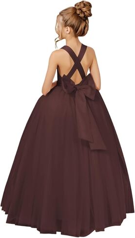 Crossed Straps Flower Girl Dress Satin Long Prom Dress with Bow Puffy Tulle Pageant Dresses for Girls in Saudi Arabia