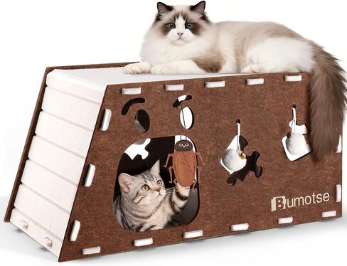 Cat Bed Cave House for Indoor Cats, Quiet Felt Cat Tunnel Condo with Catnip Toy, Lightweight Easy to Move & Assemble, Scratch-Resistant Washable Pet Beds for Large Cats, Coffee in Saudi Arabia