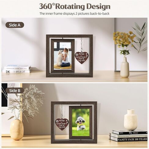 Dog Memorial Gifts – Rainbow Bridge Pet Loss Picture Frame with Rotating Double-Sided 4x6 Display, Wooden Pet Memorial Frame with Hanging Heart Charm, Sympathy Gift for Loss of Dog or Cat in Saudi Arabia