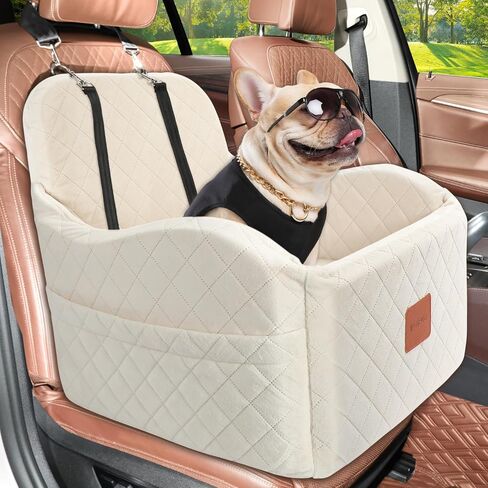 مقعد سيارة للكلاب الصغيرة والمتوسطة، مقعد معزز قابل للفصل والغسل للحيوانات الأليفة التي يصل وزنها إلى 35 رطل، سرير سفر للحيوانات الأليفة مع جيوب تخزين وحزام أمان (أسود/رمادي، متوسط) in Kuwait