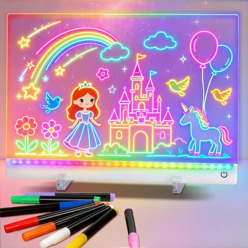 Rechargeable Led Drawing Board for Kids, 13.8*10" Dry Erase Board, 4 Modes &7 Colors Glow Doodle Note Board, Include Hanging Chain, 2 Stands, 8 Markers, Spray Bottle, Cleaning Cloth, Christmas Gifts in Saudi Arabia