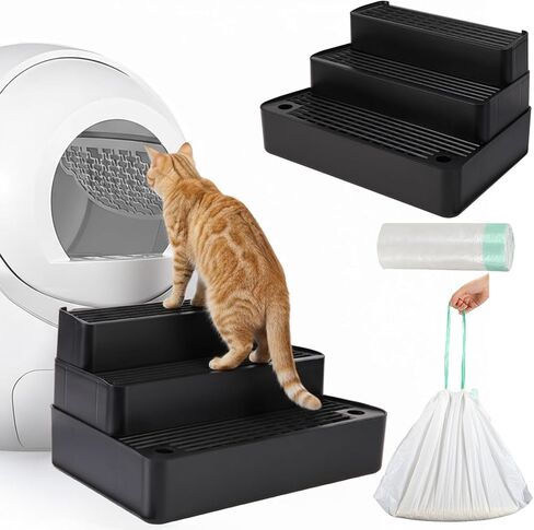 Vesici Adjustable 3 Steps Litter Box Ramp with 20 Waste Bags Pet Steps for Cats with Filter Function Non Slip Cat Litter Stair for Automatic Box Small Elder cat (White) in Saudi Arabia