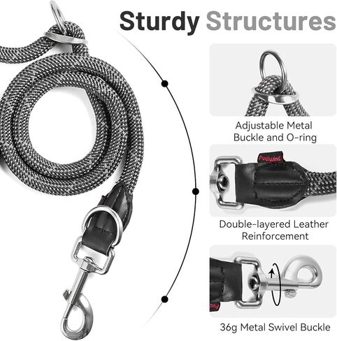 مقود حبل عاكس للضوء متعدد الوظائف 8 في 1 أسود للكلاب المتوسطة والكبيرة - مقود من النايلون عالي التحمل قابل للتعديل بطول 8 أقدام مع خصر مزدوج الأطراف وحقيبة كروس للتدريب والجري in Kuwait